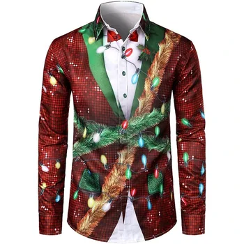 Men's Christmas shirt with long sleeves is casual and comfortable, featuring holiday Christmas lights and pine wreath prints. It