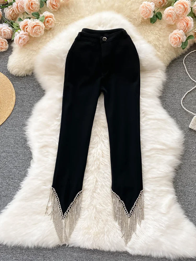 Black Tassel Pants Women Elegant High Waist Ankle Length Trouser Female