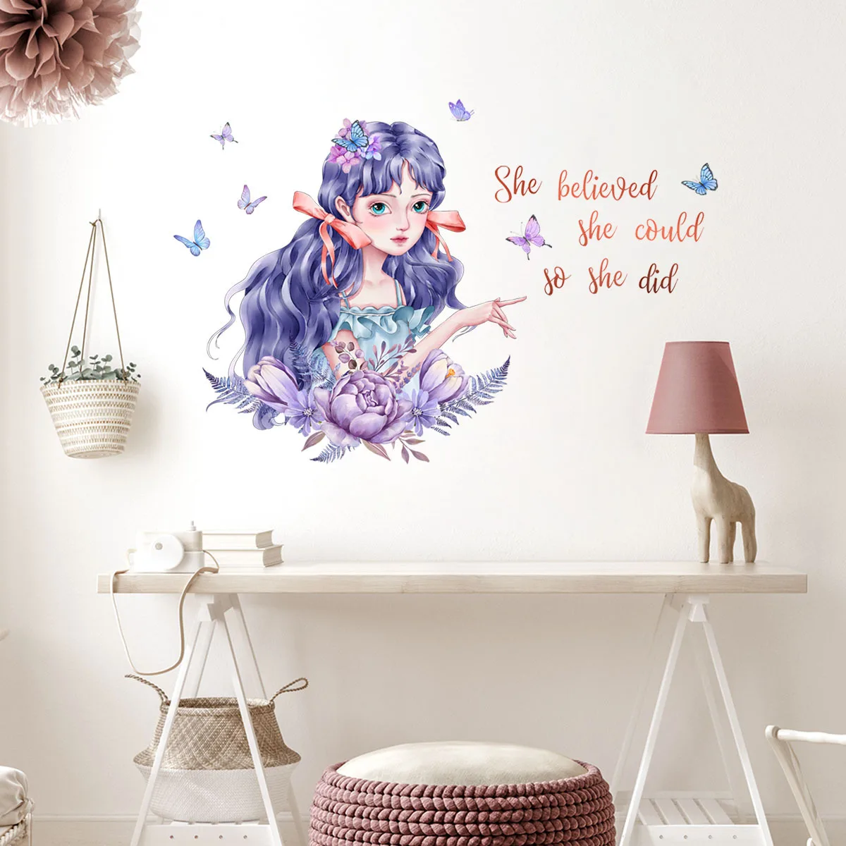 

Beautiful Little Girl Butterfly English Wall Stickers Self-adhesive PVC Home Decor for Living Room Bedroom DIY Decoration