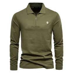 AIOPESON Men's 100% Cotton Solid Color Long Sleeve Polo Shirt - Casual Spring & Autumn Essentials - EUR S 60 - 70kg (ArmyGreen)