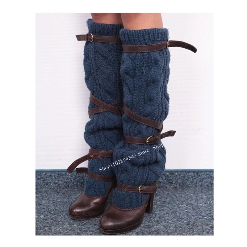 

Коричневые Высокие сапоги до колена в стиле пэчворк с пряжкой, модные привлекательные Летние повседневные женские сапоги большого размера на массивном каблуке