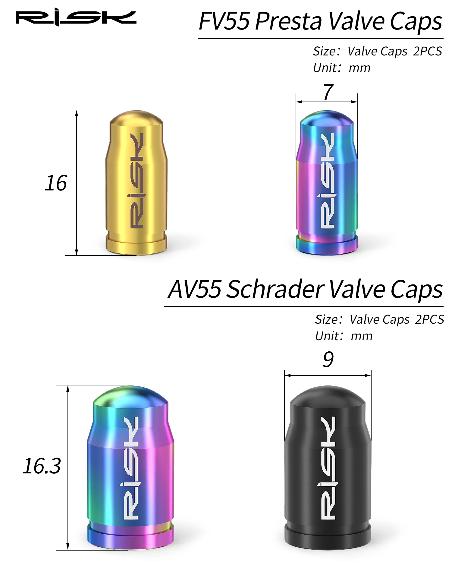 RISK Titanium Bike Valve Cap Mountain Road Bicycle Tubeless Presta Schrader Nozzle Valve Core Cap MTB French American Dustproof bicycle valve cap bicycle tire valve cap valve cap valve caps