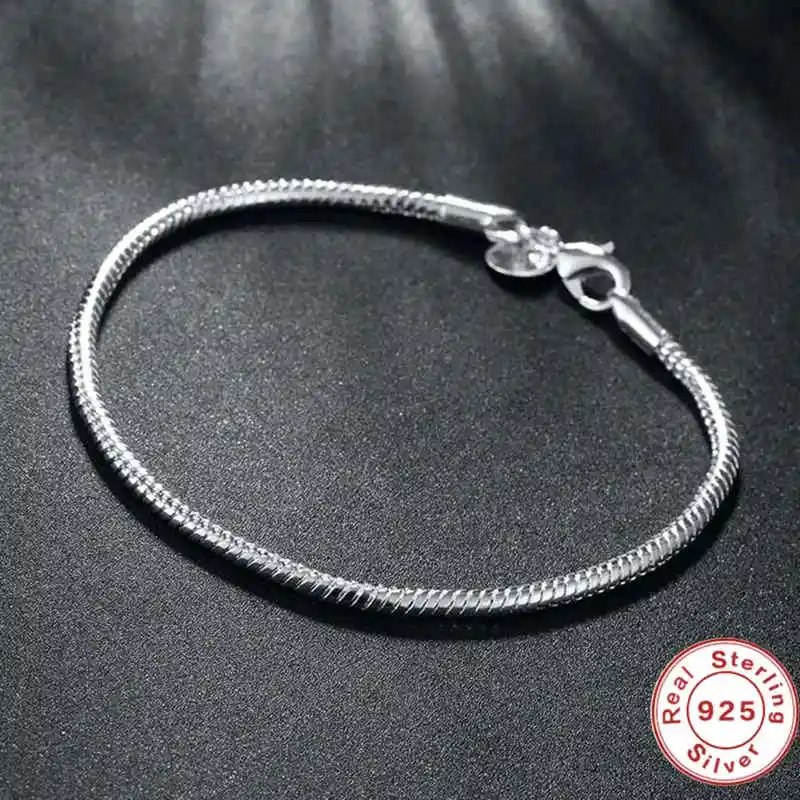 

AGTEFFER 925 Sterling Silver 3mm Snake Chain 8 inches Basis Bracelet For Woman Charm Wedding Engagement Fashion Party Jewelry