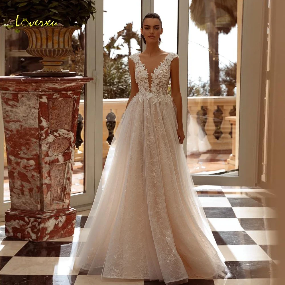 

Loverxu A-Line Graceful Boho Wedding Dresses 2024 V-Neck Sleeveless Vestido De Novia Lace Embroidery Illusion Robe De Mariee