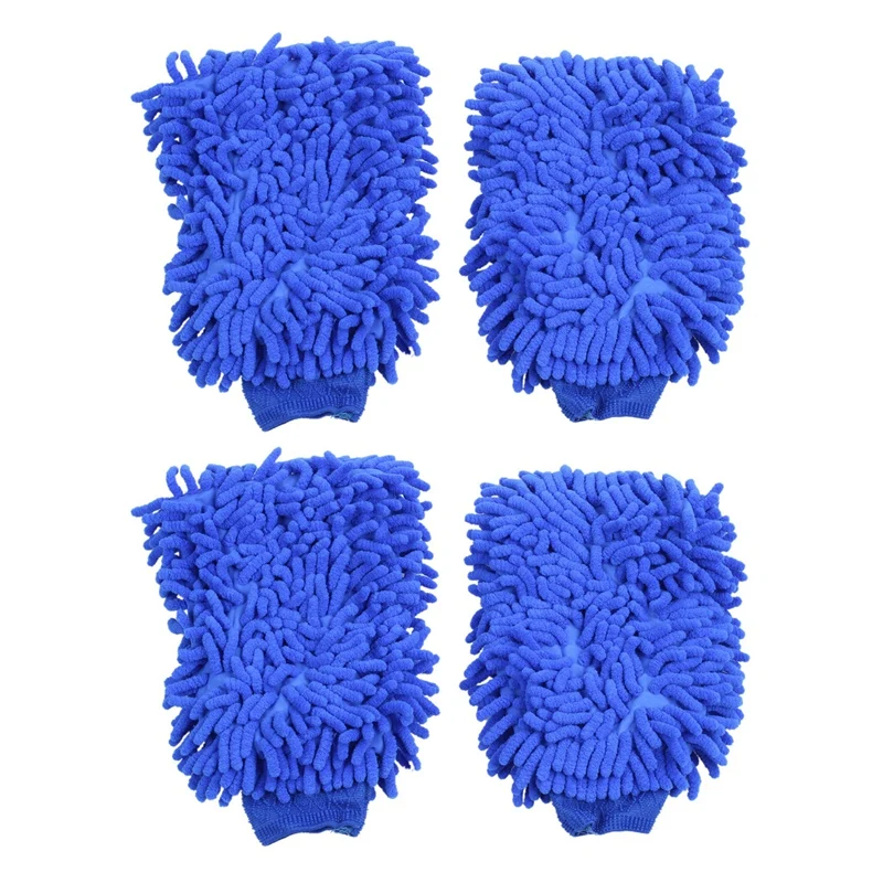 4X Premium Microfiber Chenille Super Absorbent Wash And Wax Glove, Car Wash Mitts (Blue)