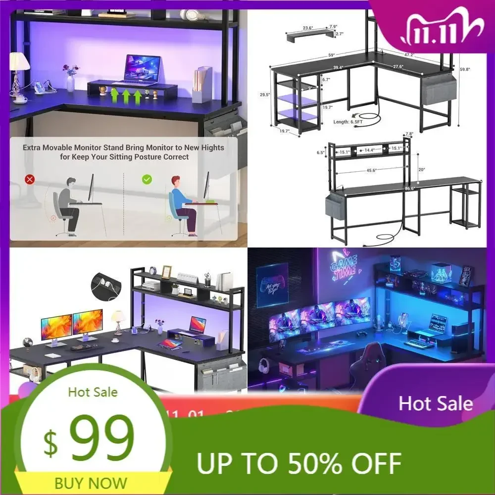 "versatile l-shaped desk with integrated power outlet and led lighting, reversible corner desk for gaming with storage and monit