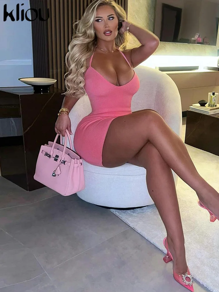 kliou Halter Solid Mini Dress Women Concise Sexy Cleavage Bandage Sleeveless Low Neck Classic Bodycons Female Basic Street Robe 2