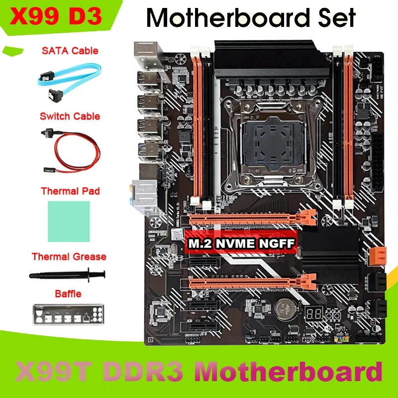 NEW-X99 Motherboard+SATA Cable+Switch Cable+Baffle+Thermal Pad+Thermal Grease LGA2011 V3 M.2 NVME NGFF Support DDR3 4X16G