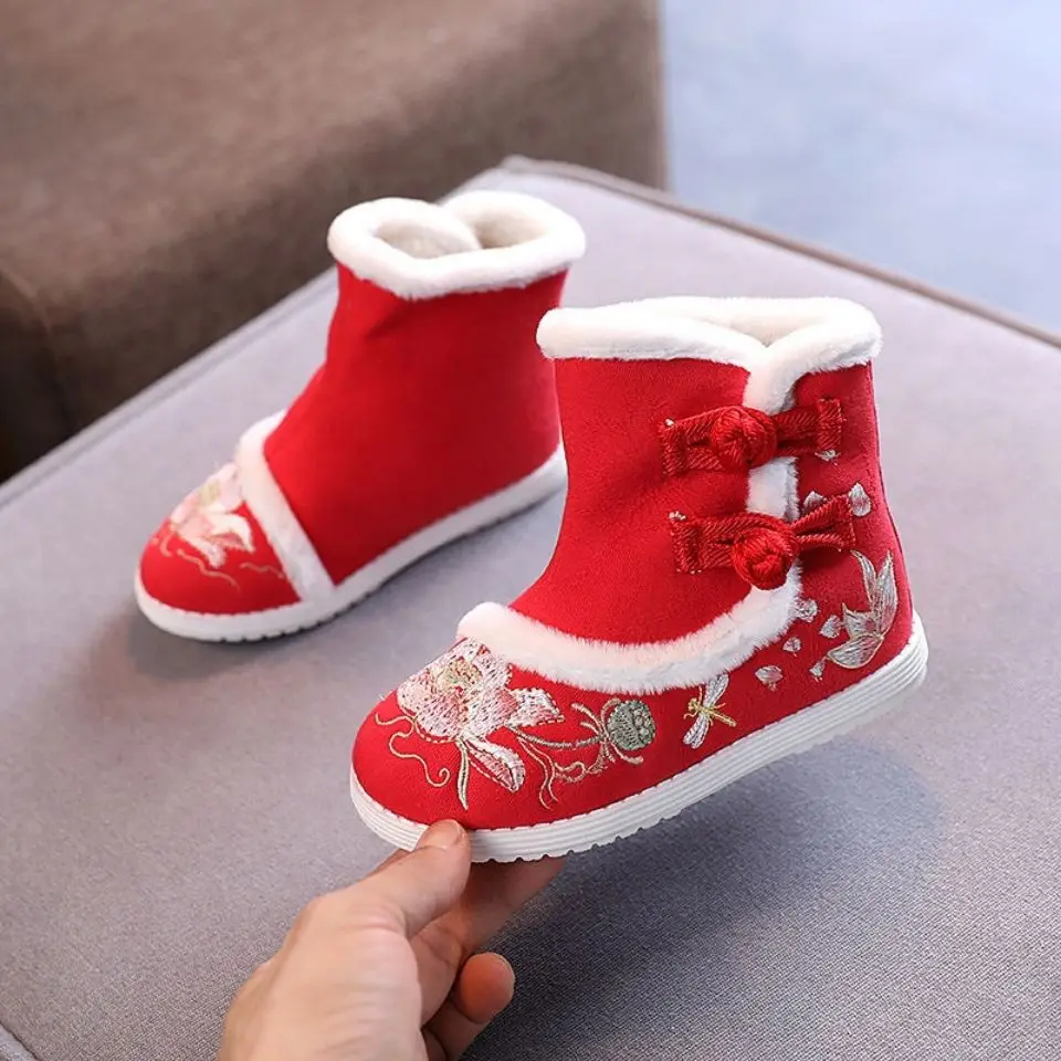 Детская обувь Hanfu плюс бархатная хлопковая обувь детская старинная вышитая обувь для девочек костюм Старый Пекин Тканевая обувь