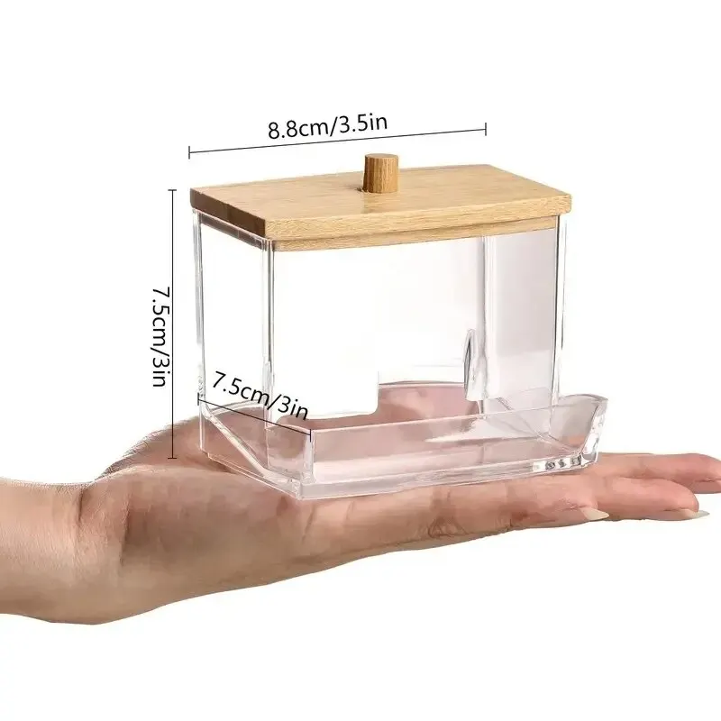 Cotton Swab Organizer Acrylic Bamboo Lid Portable Round Container Cosmetic Cotton Puff Storage