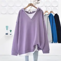 Spring Autumn New Women's Simplicity Extra-large Size V-Neck Fake Two Pieces Fashion Casual Loose Long Sleeve Hooded Tops