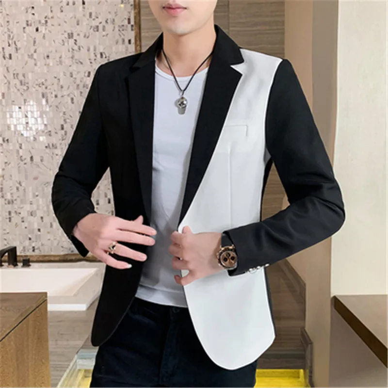

Man Slim Fit Blazer Prom Dress Jacket Contrast Patchwork Designer Long Sleeve Men Costume Single Breasted Suits Blazer Male Coat
