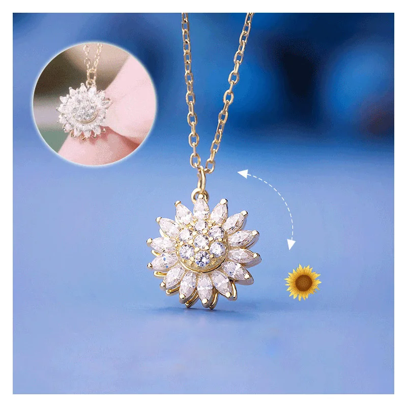 Rotating Anxiety Sunflower Pendant Necklace for Women Zircon Crystal Anti Stress Fidget Necklace Spining Necklace