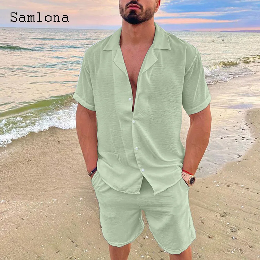 Plus Size Mens Casual Linen Two Piece Sets 2024 Europe Style Vintage Tops Blouse and White Shorts Suit Male Beach Tracksuits Set 4