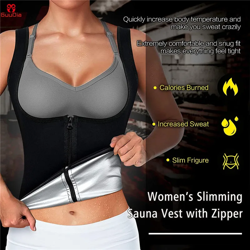 GUUDIA Hot Sweating Vest Women Workout Tank Top Silver Coated Sweating Tops Waist Trainer Body Shaper Shirts Weight Loss Corset