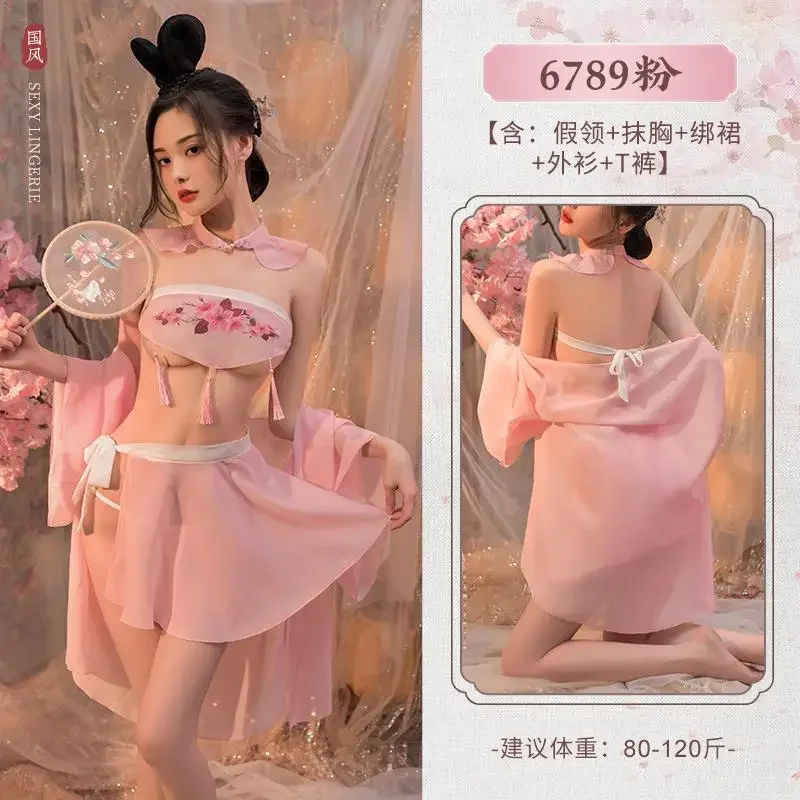 

Pink Embroidery Hanfu Skirt Ancient Chinese Style Bra Traditional Dress Cosplay Fairy Dresses Costumes Sexy Lingerie Nightgown