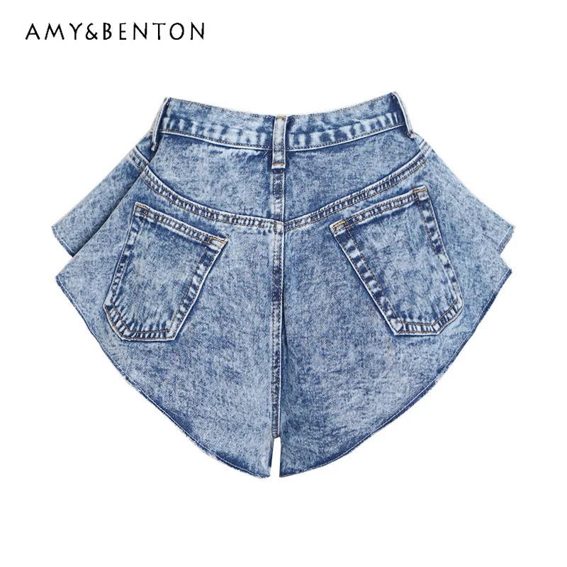 

High Waist Denim Shorts Women 2023 Summer Ins New Jeans Loose Slimming Pocket Ruffled Short Casual Short Booty Pants for Ladies