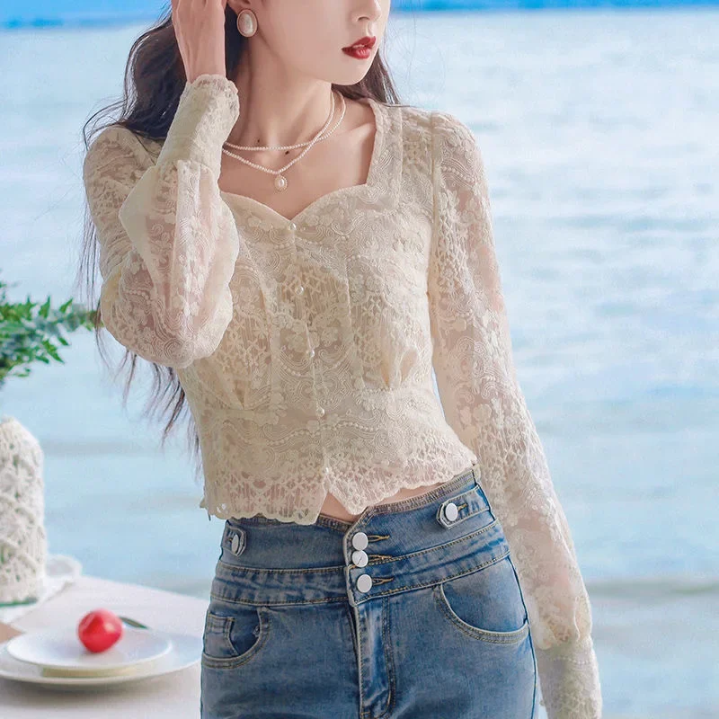 

2023 Spring Fall Women Vintage Lantern Full Sleeve Beige Lace Top Blouse , Woman Clothes Pears Button Tops Shirt Blouses