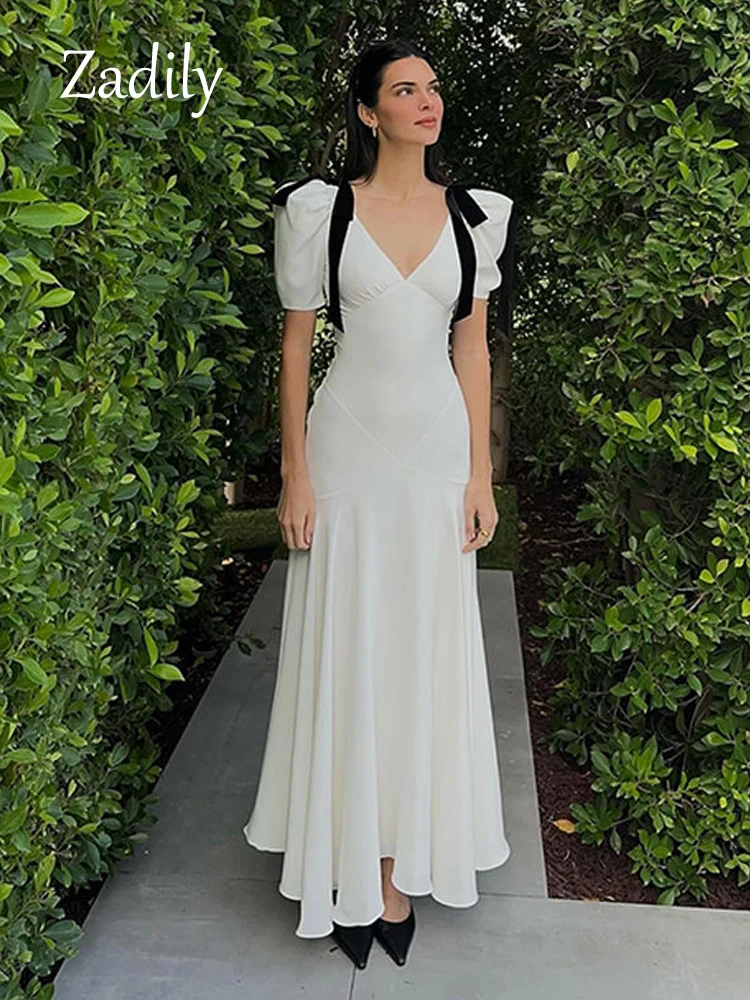 

Zadily 2024 Summer French Short Puff Sleeve Women Long Dress Vintage V Neck Bandage White Slim Empire Ladies Dresses