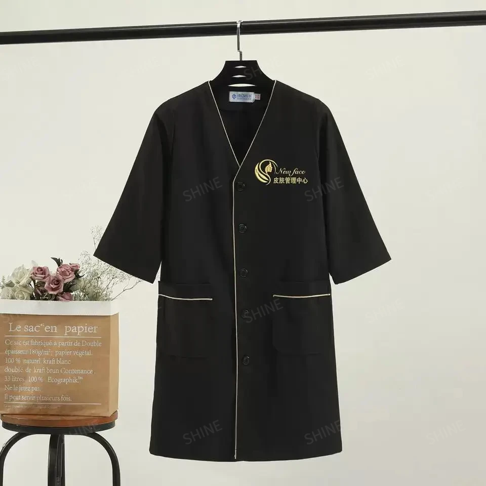 Black Short Beautician Tops Beauty Uniform Dress Spa Uniform Scrub White Plus Size Salon Grooming Clothes Lab Coat Logo women blouse shirt