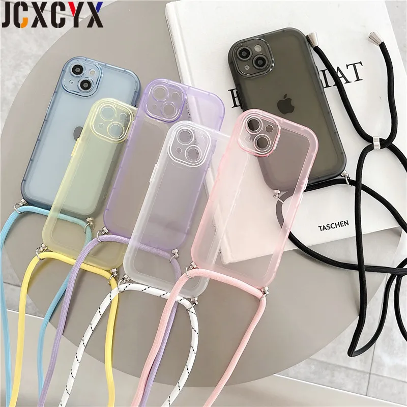 Crossbody Necklace Lanyard Candy Transparent Soft Case For iPhone 13 14 12 11 Pro Max X S XR 7 8 Plus SE3 Clear Shockproof Cover