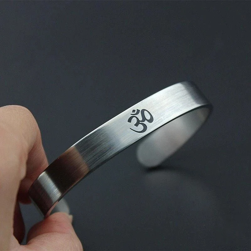 Stainless Steel OM Yoga Cuff Bangle for Men Silver-color Buddhist Yoga Open Cuff Bracelet Punk Jewelry Gifts