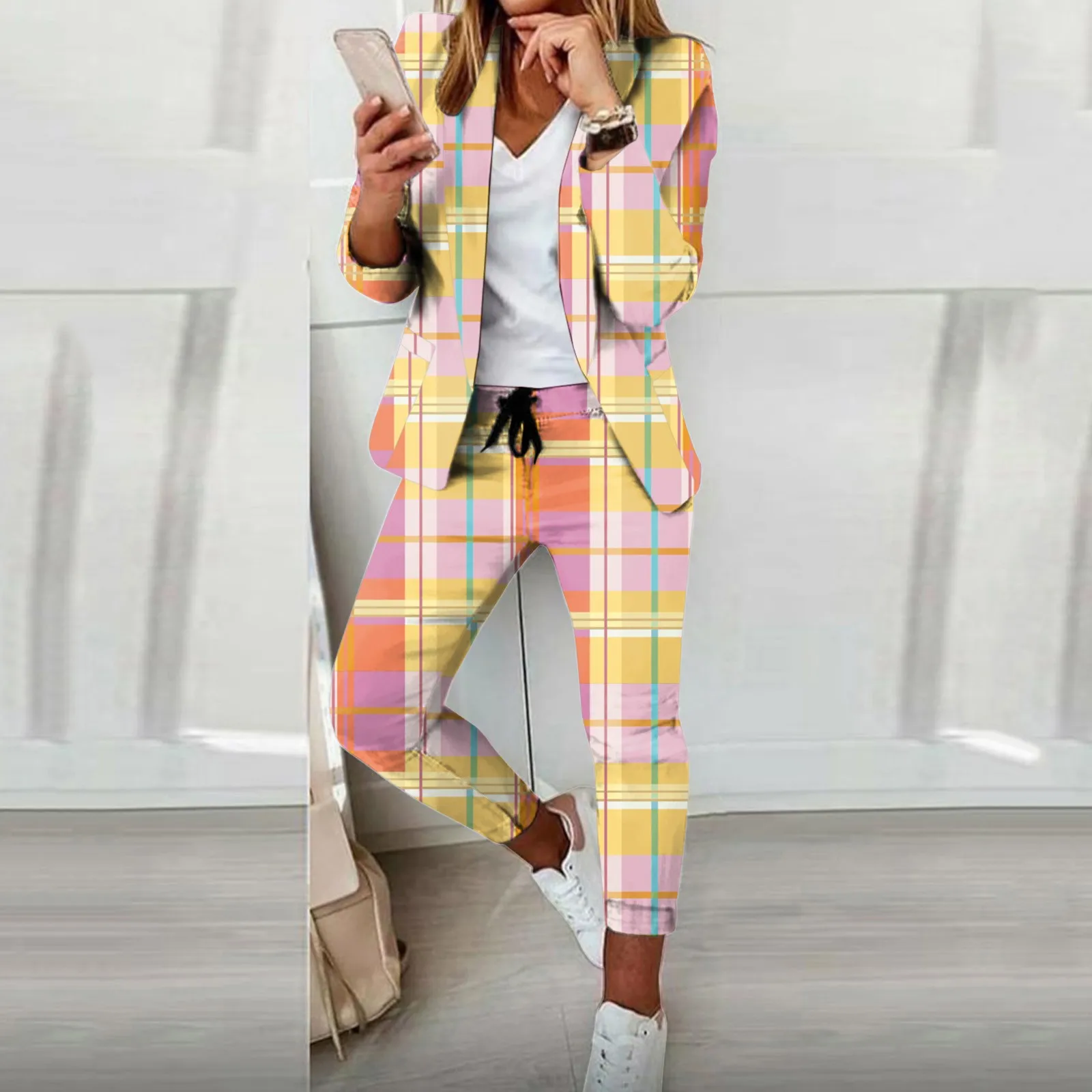 

Осень-зима 2023, новые женские штаны, комплект из 2 предметов, модный костюм в клетку с буквенным принтом из органической кожи, брюки, женский комбинезон