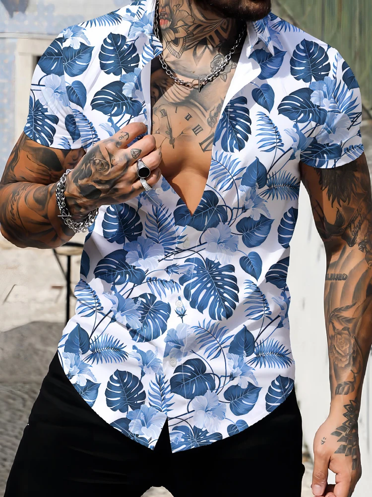 

Hawaii Beach Cool Short Sleeve Shirt Summer Fashion Vacation Casual Shirt Men's Loose Comfortable Leaves Digital Printing Shirt