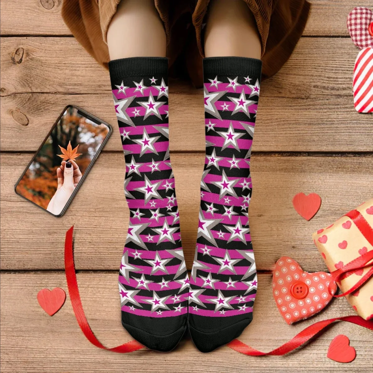 

Hot Sales Pink Black Color Pentagram Pattern Four Seasons Sockings Brand Design Breathable Dirt Resistant Sweat Absorption Socks