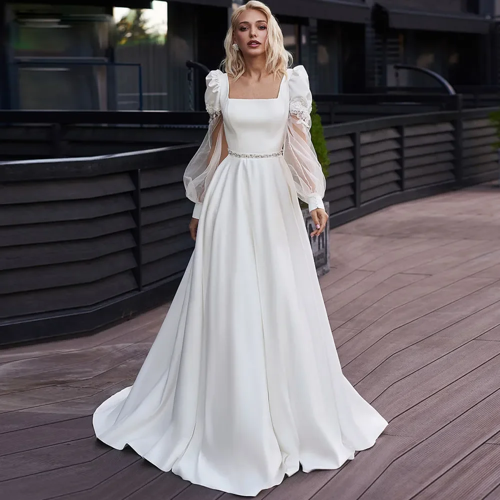 

New fashion A-line square Neck Illusion sleeve line wedding dress back decal with button Garden Beach photo bridal dress