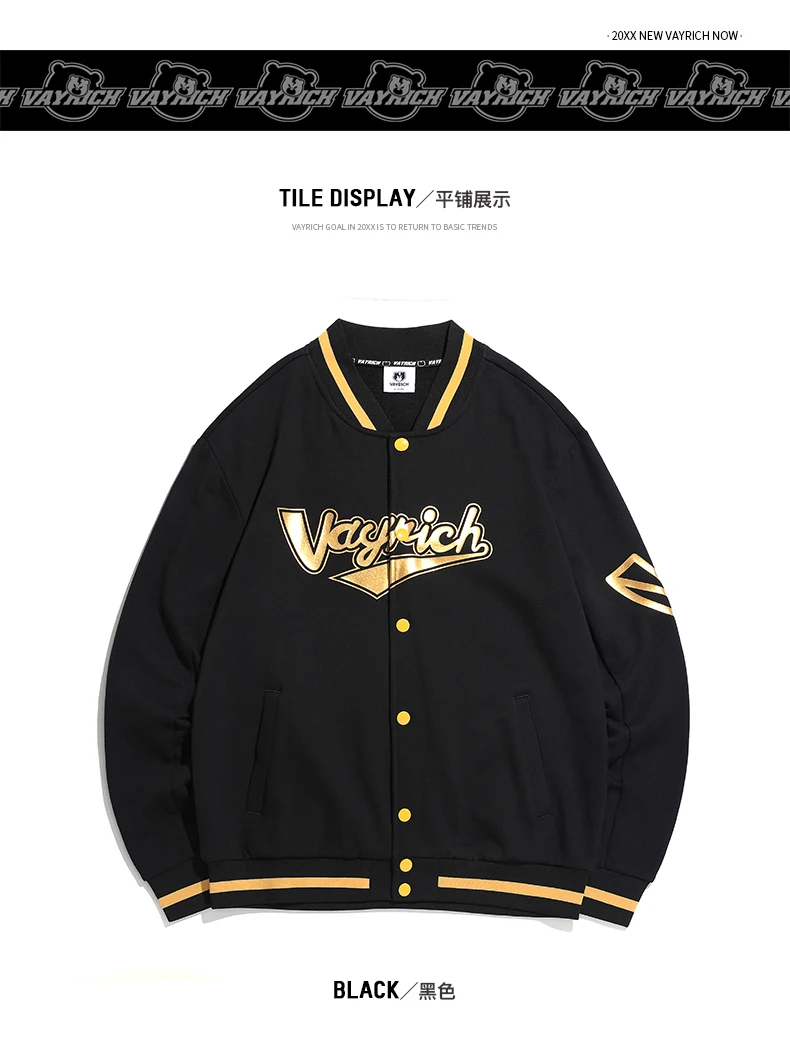 Sanxingdui Vayrich Branded 100% Cotton Full-Snap Baseball Bomber Jacket Streetwear Hip Hop Unisex College Casual Outerwear Coats