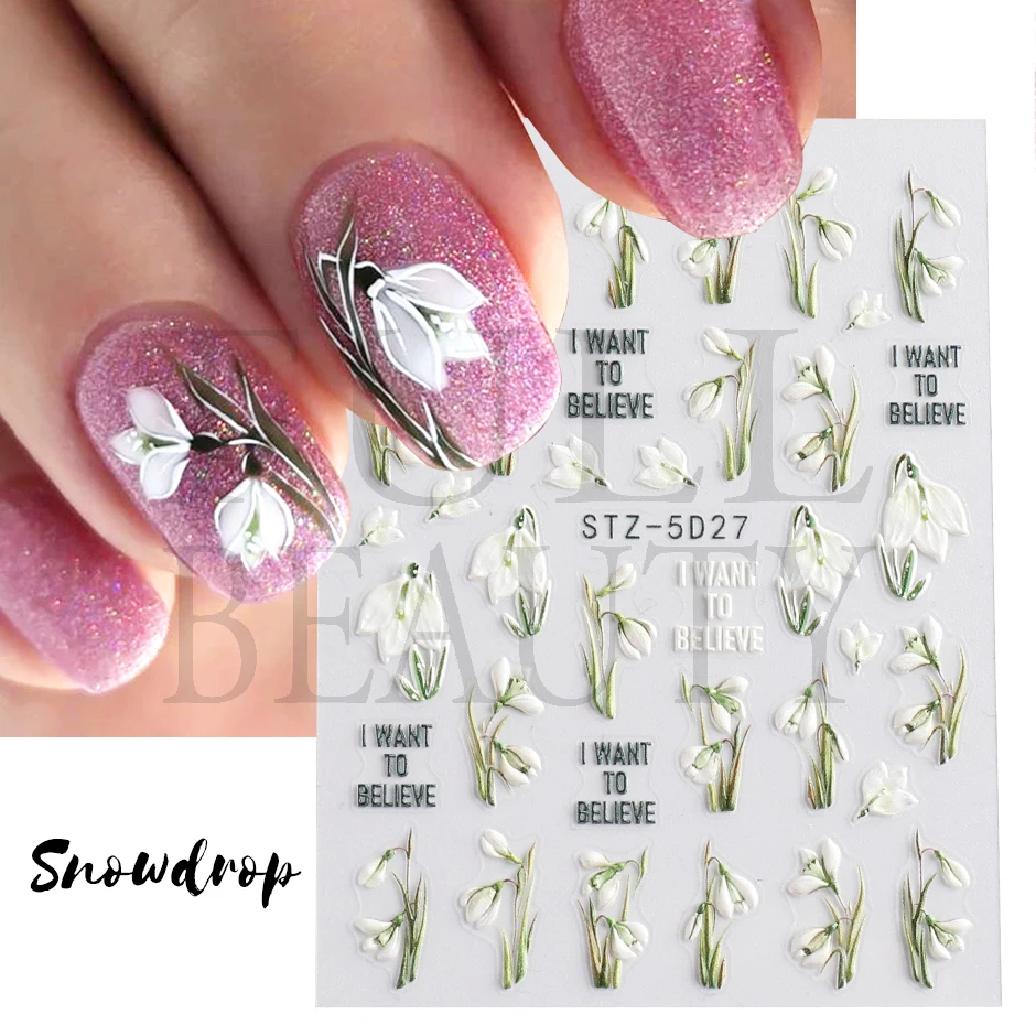 5D Snowdrop Embossed Nail Polish Stickers Tulip Campanula Flowers Charms Decal Elegant Floral Textured Manicure Acrylic Wraps