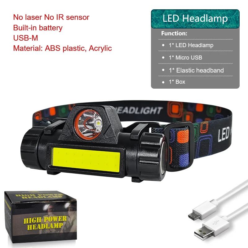 Lanterna de Cabeça LED Recarregável com Sensor IR a Laser Branco, Bateria 18650, Luz Frontal LED para Pesca, Camping e Presente