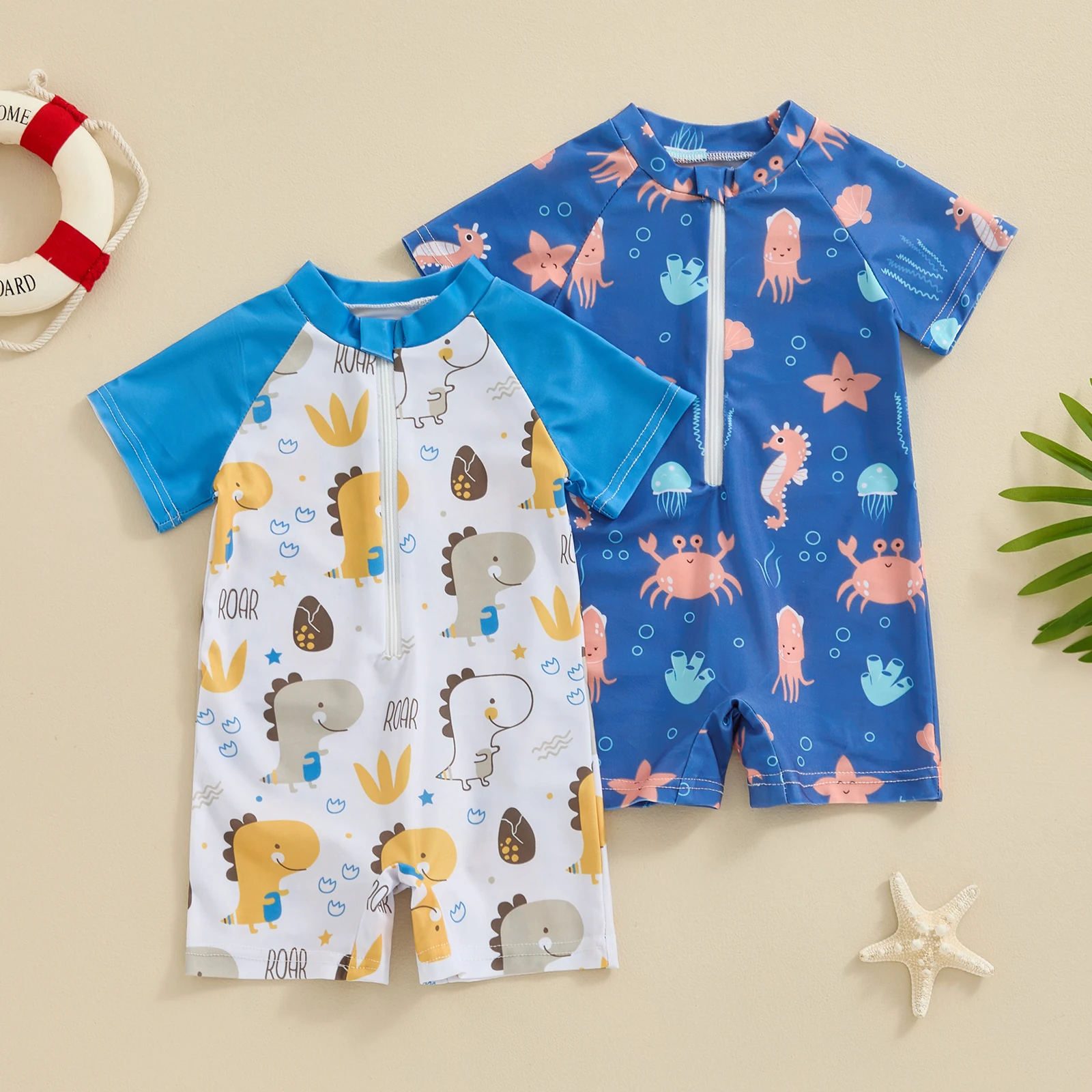 FOCUSNORM 0-3Y Infant Baby Boys Swimwear 2 Colors Cartoon Animal Print Short Sleeve Front Zipper Bathing Suits
