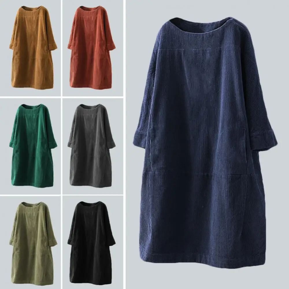 

Loose Dress Women Women Dress Solid Color Casual Fashion Midi Dress Dresses Autumn Winter Warm Pockets Corduroy robe femme 2021