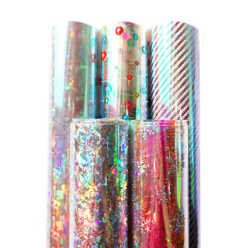 

Red light TPU transparent holographic prints vinyl faux leather sheet for upholstery DIY bow earrings bag crafts production