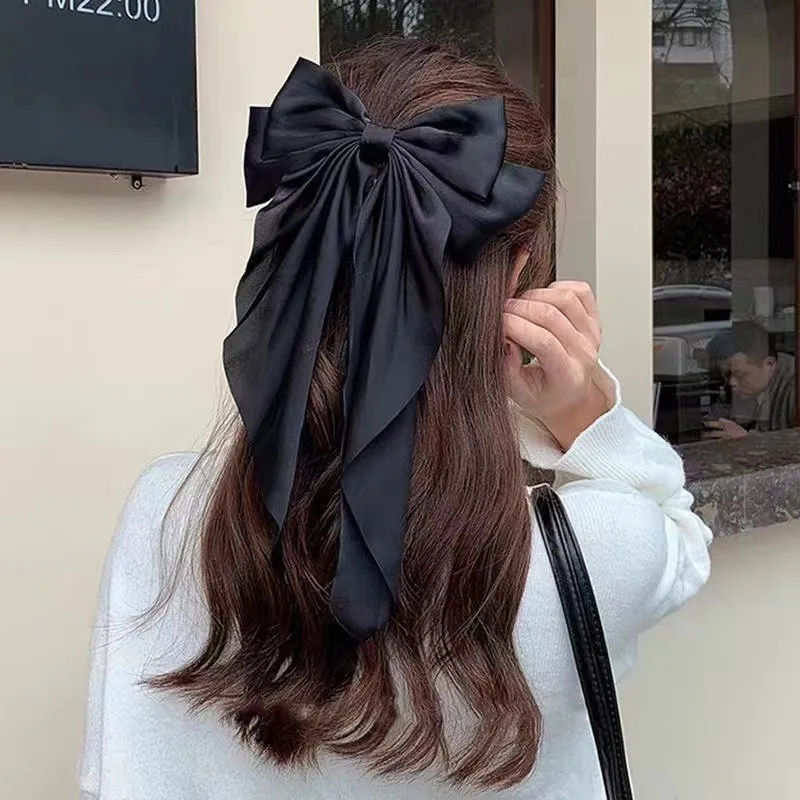 Fashionable Solid Color Ribbon Bow Hair Clip Women's Elegant Long Satin Large Bow Spring Clip Girls' Hair Accessory Top Clips