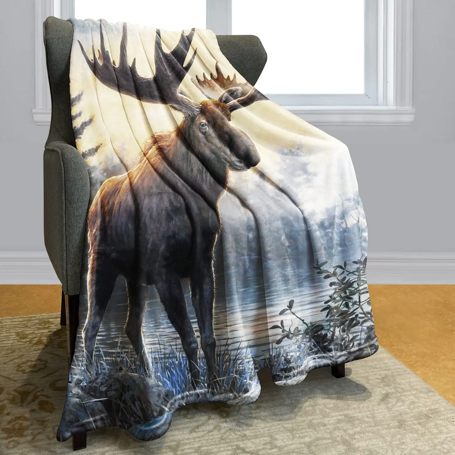 

Northern Moose Throw Blanket Comfort Warmth Soft Cozy Air Conditioning Easy Care Machine Wash Wild Animals Home Gifts