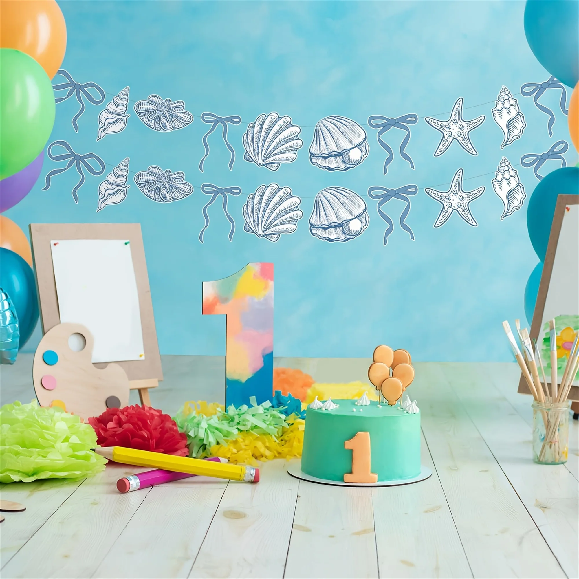 Coastal Party Decorations 2Pcs Seashell and Starfish Garland Set Paper Banner Hanging Beach Themed Party Supplies