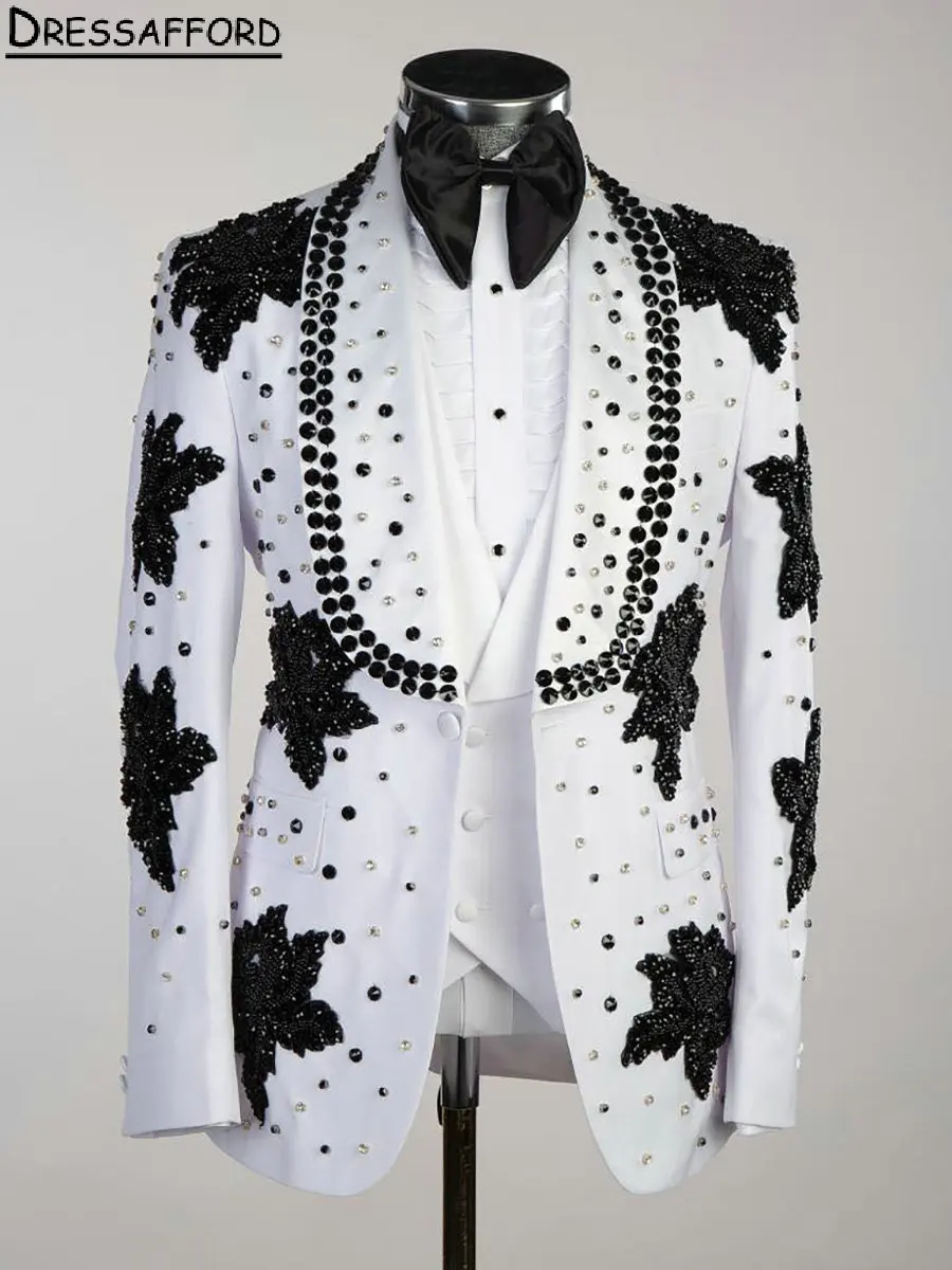 

White Pearls Beading Crystal Evening Party Men Suits Black Appliques Lace Two Pieces Blazer Groom Wear ( Jacket + Pants )