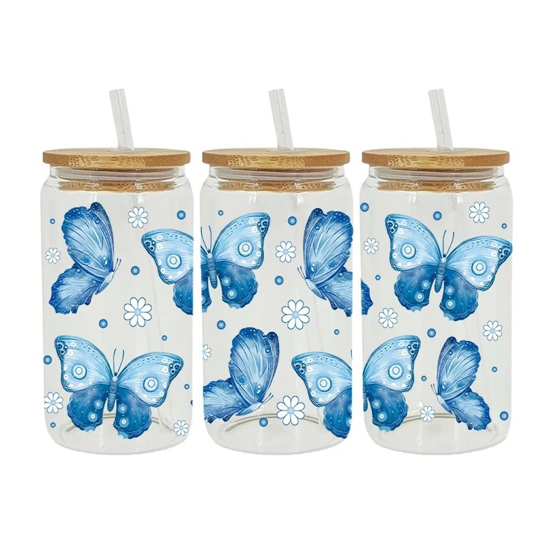 Glass Can Wrap UV DTF Sticker Butterfly Theme For The 16oz Libbey Glasses Wraps Cup Can DIY Waterproof Easy To Use Decals D16939