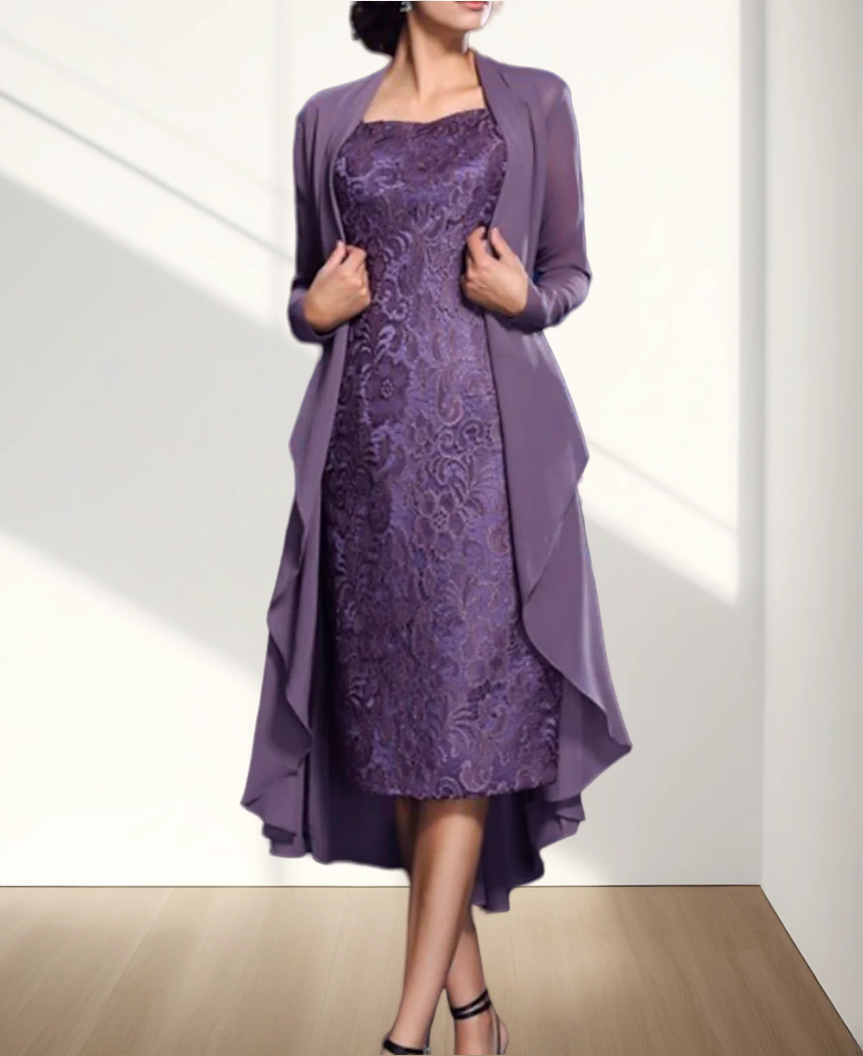 

Mother of the Bride Dress Elegant Jewel Neck Knee Length Chiffon Long Sleeve Jacket Dresses with Lace 2024