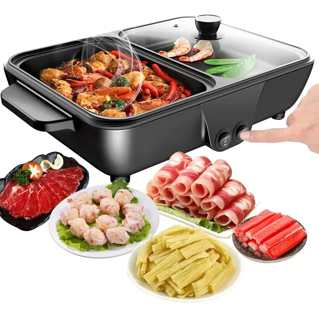 Hot Pot Electric with Grill, 2 in1 Indoor Non-Stick Shabu Shabu Pot &  Frying Pan, Portable Mini Hot Pot Korean BBQ w/Individual Dual Temperature