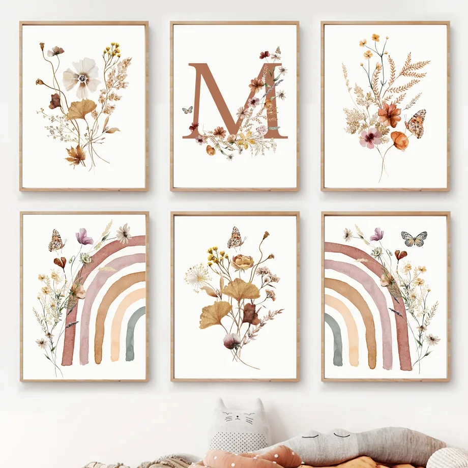 

Boho Rainbow Wildflowers and Butterflies Nursery Nordic Posters, Canvas Painting and Prints, Wall Art, Pictures for Kids, Baby R