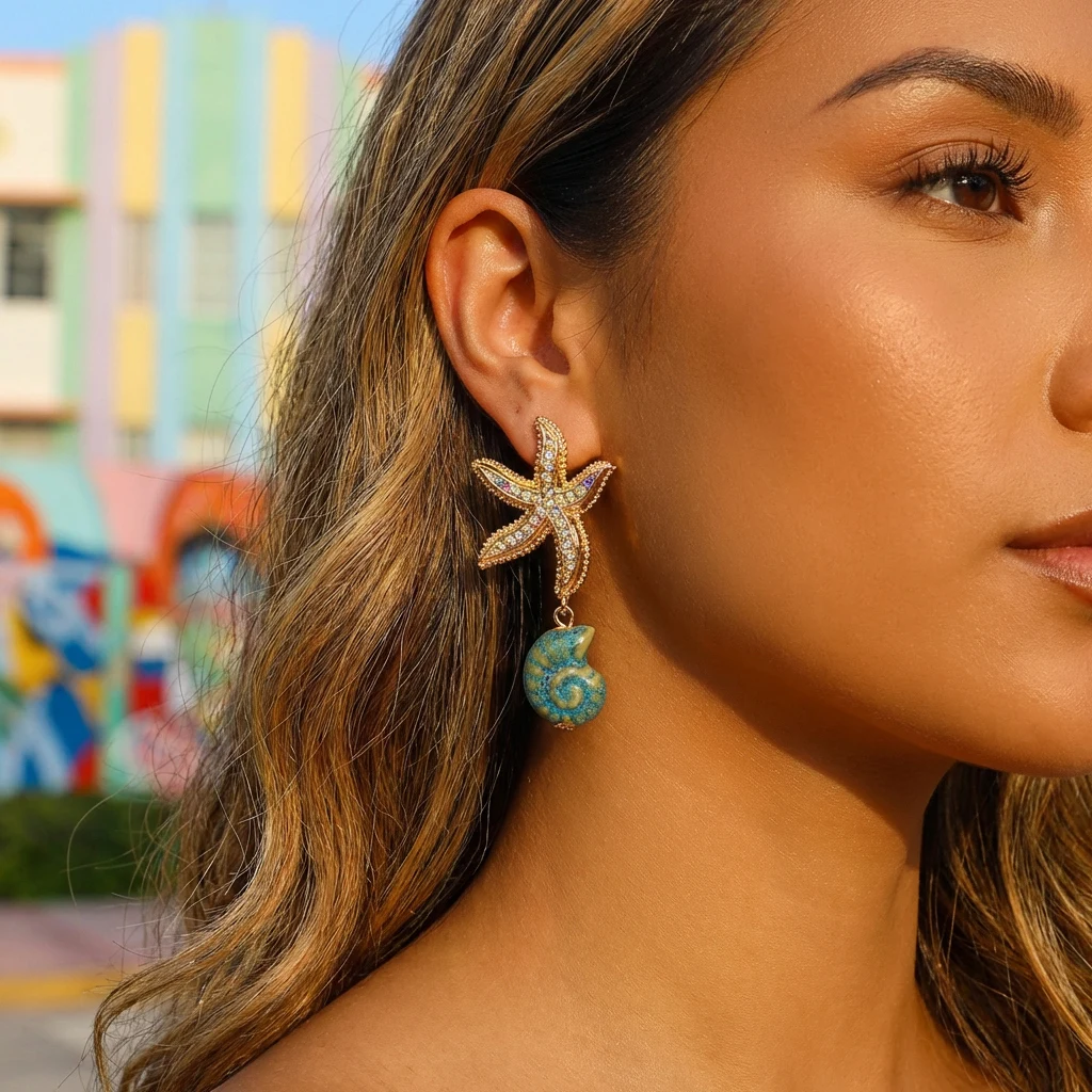 Sommerliche Boho-Ohrringe mit Strass und Seesternen für Damen, trendige Keramik-Muschel-Ohrhänger, Schmuck-Accessoires für Feiertage und Partys – Detail 5