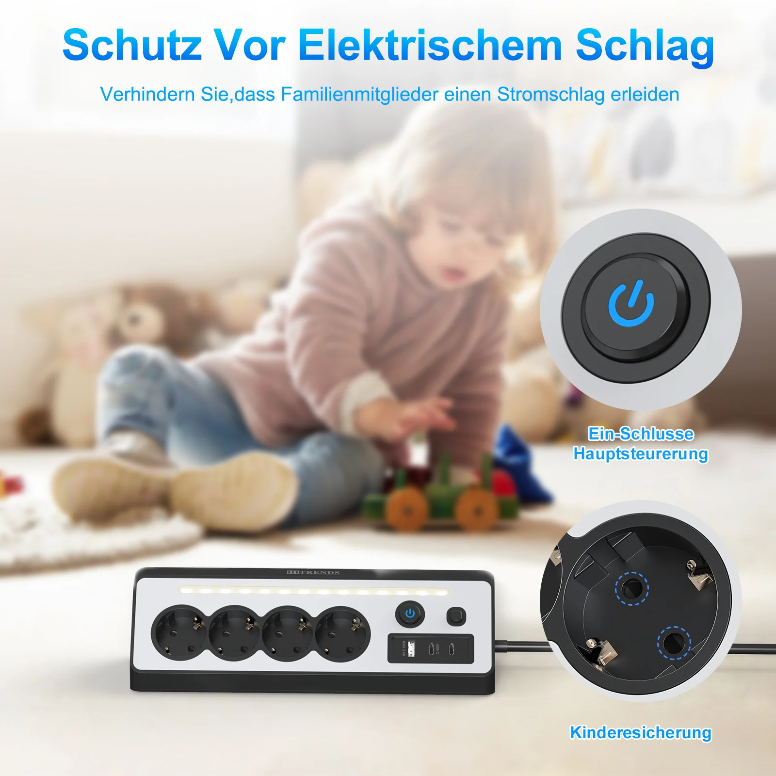 Corner Socket EU plug Power Strip with LED Light, 1.5m cable S54ba4b53c9da4137a2dbf82ecd5157744