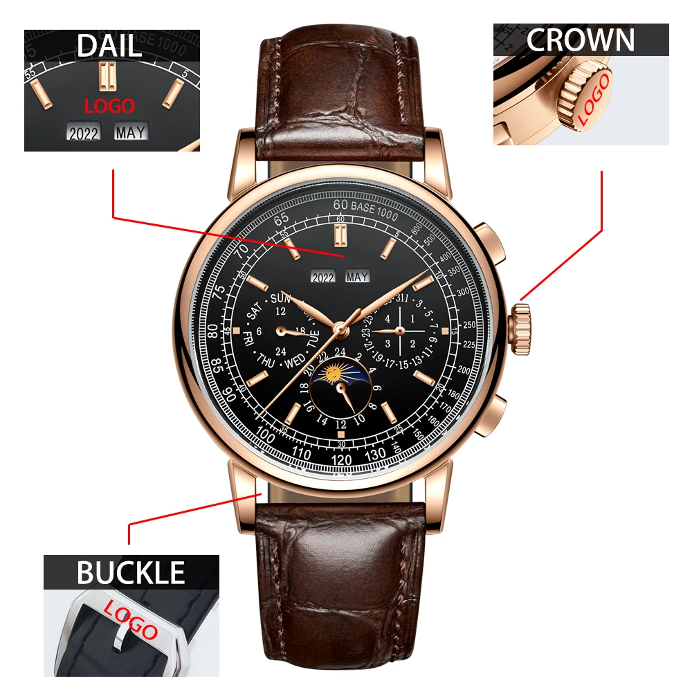 CORGEUT 41mm Business 316L Leather Mineral Glass Automatic Mechanical Men Watches Year Date Week Watch for Man Reloj Accessories