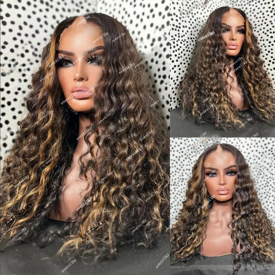 Natural Loose Curly V Part Wigs Highlight Honey Blonde Unprocesse 100% Human Hair Water Wave Auburn  Brown U Shape Wig Full End