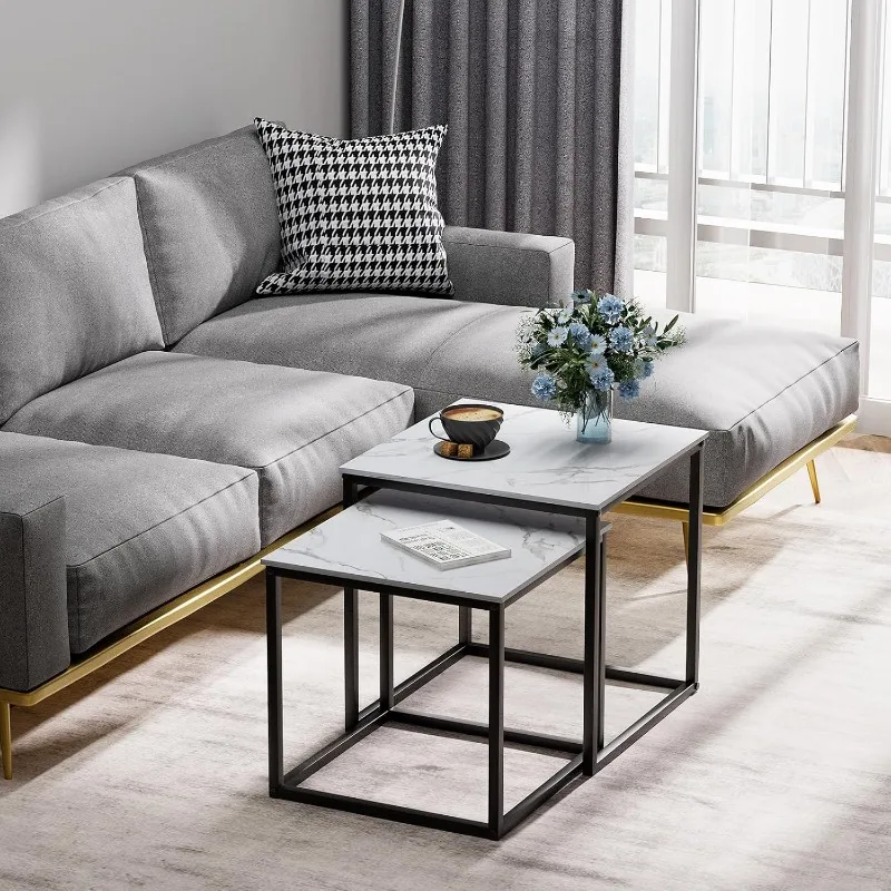 Coffee Table Set of 2, Modern Black Wooden Side Table, Metal Frame Square End Table, Center Tables,Nesting Coffee Table for 3