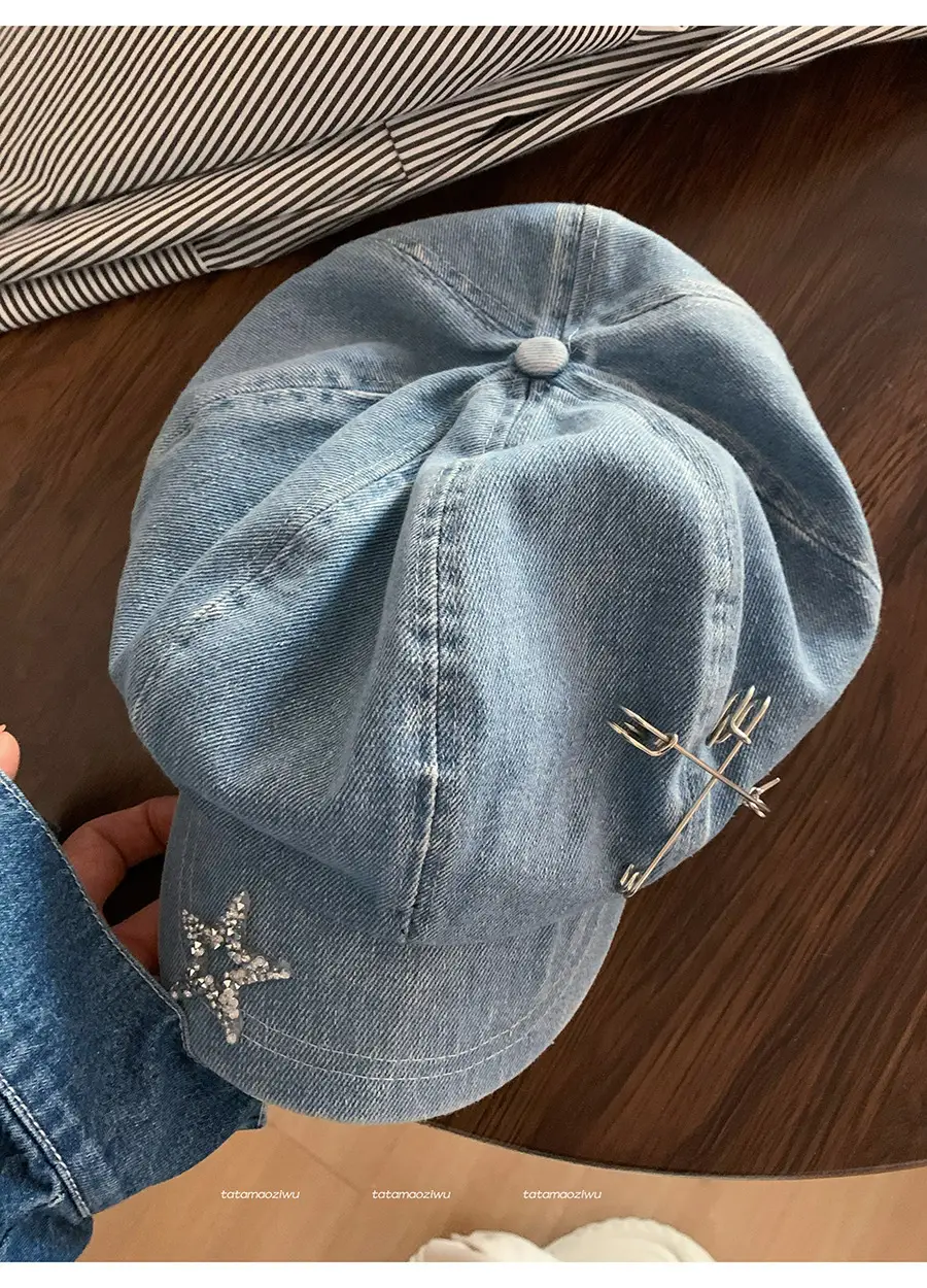 Spring and Summer Y2K Big Head Flash Diamond Star Pin Denim Beret